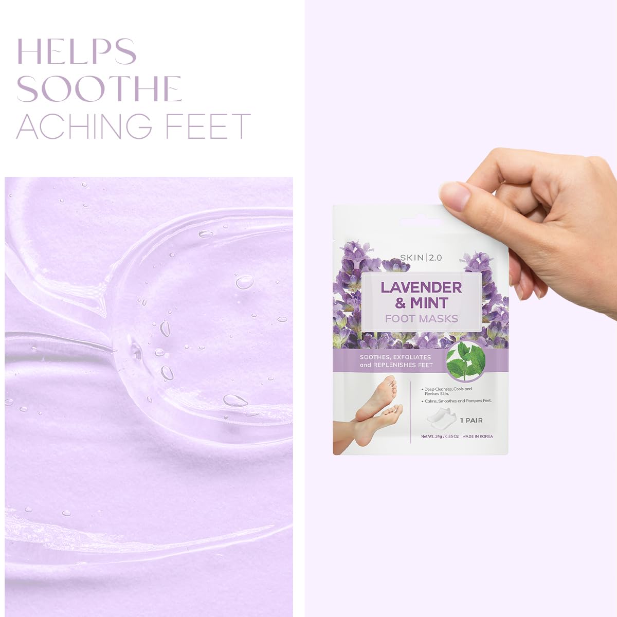 Lavender & Mint Foot Masks - Relieves Swollen Feet, Removes Odor, Relaxing & Hydrating - Dermatologist Tested Korean Skincare - Clean Beauty, Cruelty-Free, All Skin Types - 3 Pairs