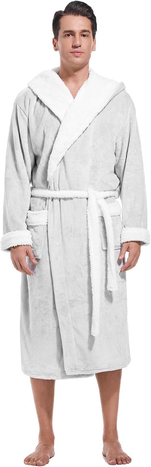 Inner Wish Mens Hooded Robe, Plush Long Bath robes Cozy Warm Bathrobe Fuzzy male Spa Robe With Pockets