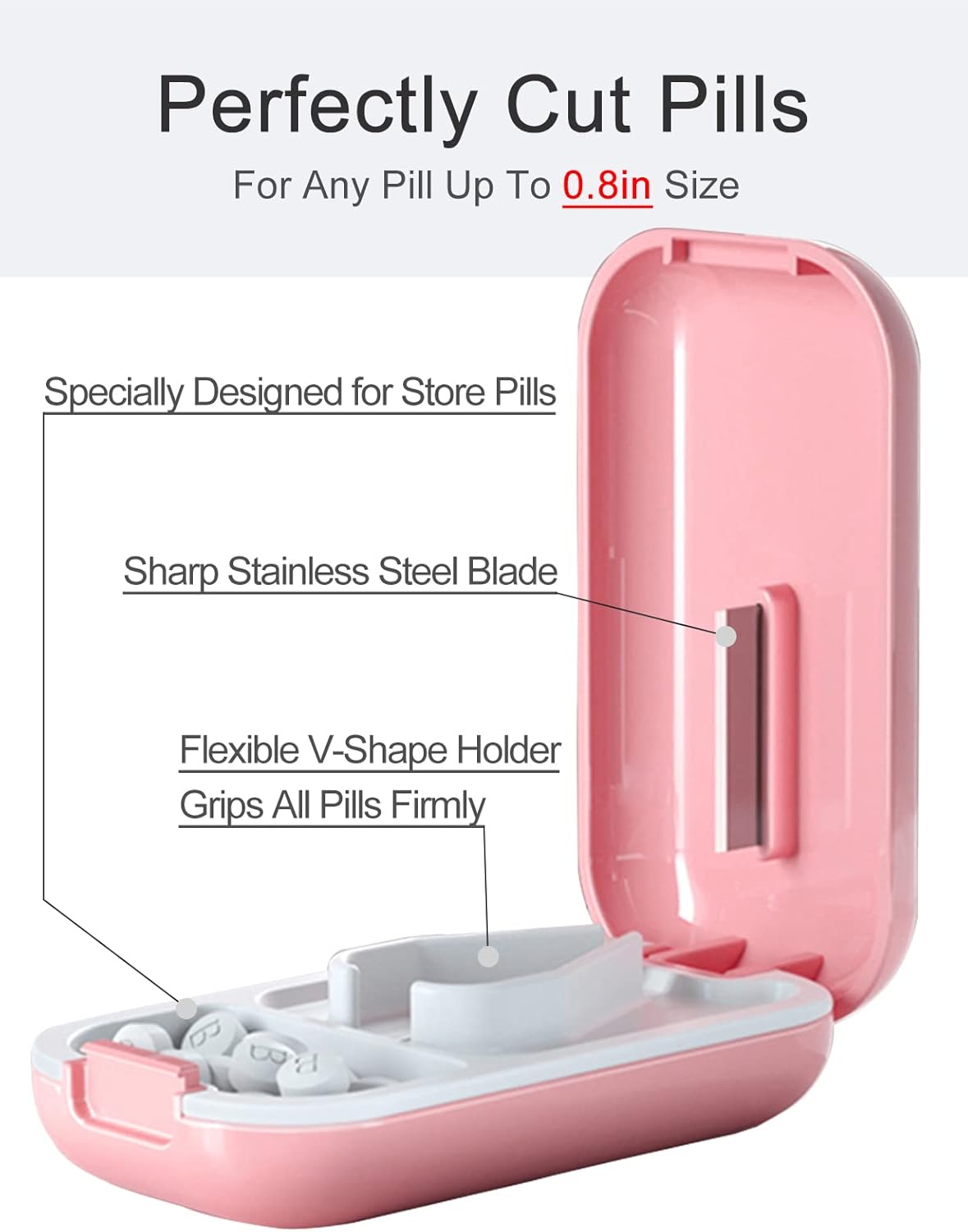 DUBSTAR Small Pill Cutter, Pill Cutter Splitter for Small and Tiny Pills, Portable Pretty Pill Cutters for Large Pills, Cuts Vitamins Tablets for Purse Pocket (2 PCS Pill Cutters, White+Pink)