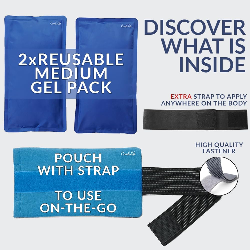 ComfiLife Ice Packs for Injuries (3 Piece Set) – Reusable Hot and Cold Pack with Wrap – Soft Gel Ice Packs for Back, Shoulder, Hip, Knee, Elbow, Joint Pain Relief – Heat & Cold Therapy (Medium)