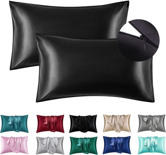 Juwenin Bedding,Luxury Satin Pillowcase with Zipper (Silky Satin Pillow Case for Hair) Set of 2 (Black, King(20''x36'))