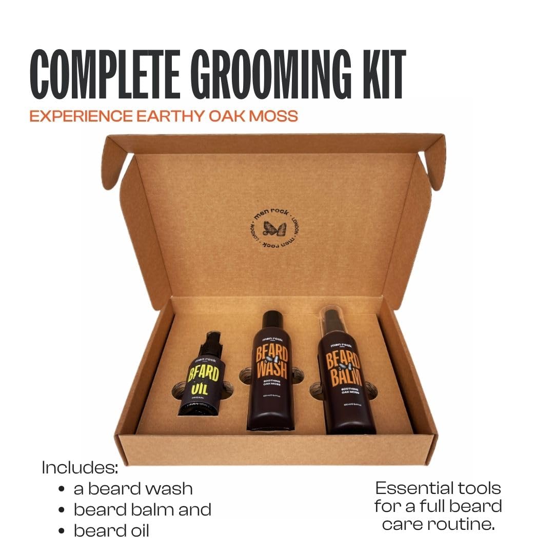 Men Rock Beardy Beloved Soothing Essential Beard Kit - Oak Moss - Softening Beard Balm and Wash - Mens Face Care - Skincare Products for Men - 2 Pc