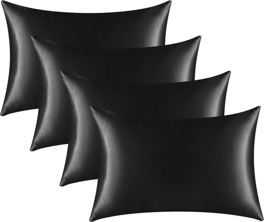Satin Silk Pillowcase for Hair and Skin, Black Pillow Cases Standard Size Set of 4 Pack Super Soft Pillow Case with Zipper Closure (Black, Queen(4 Pack))