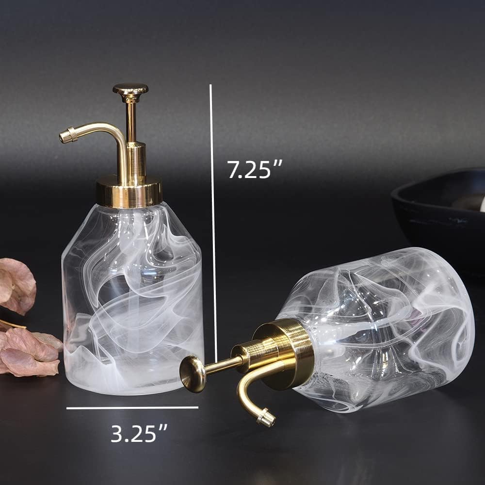 Thick Glass Soap Dispenser for Bathroom,Hand-Blown Unique 3D Smog Glass Soap Bottle&Gold Smooth Action Pump,Luxury Vintage Kitchen Lotion Dispenser for Liquid Dish Soap Syrup-12.7oz,Giftable