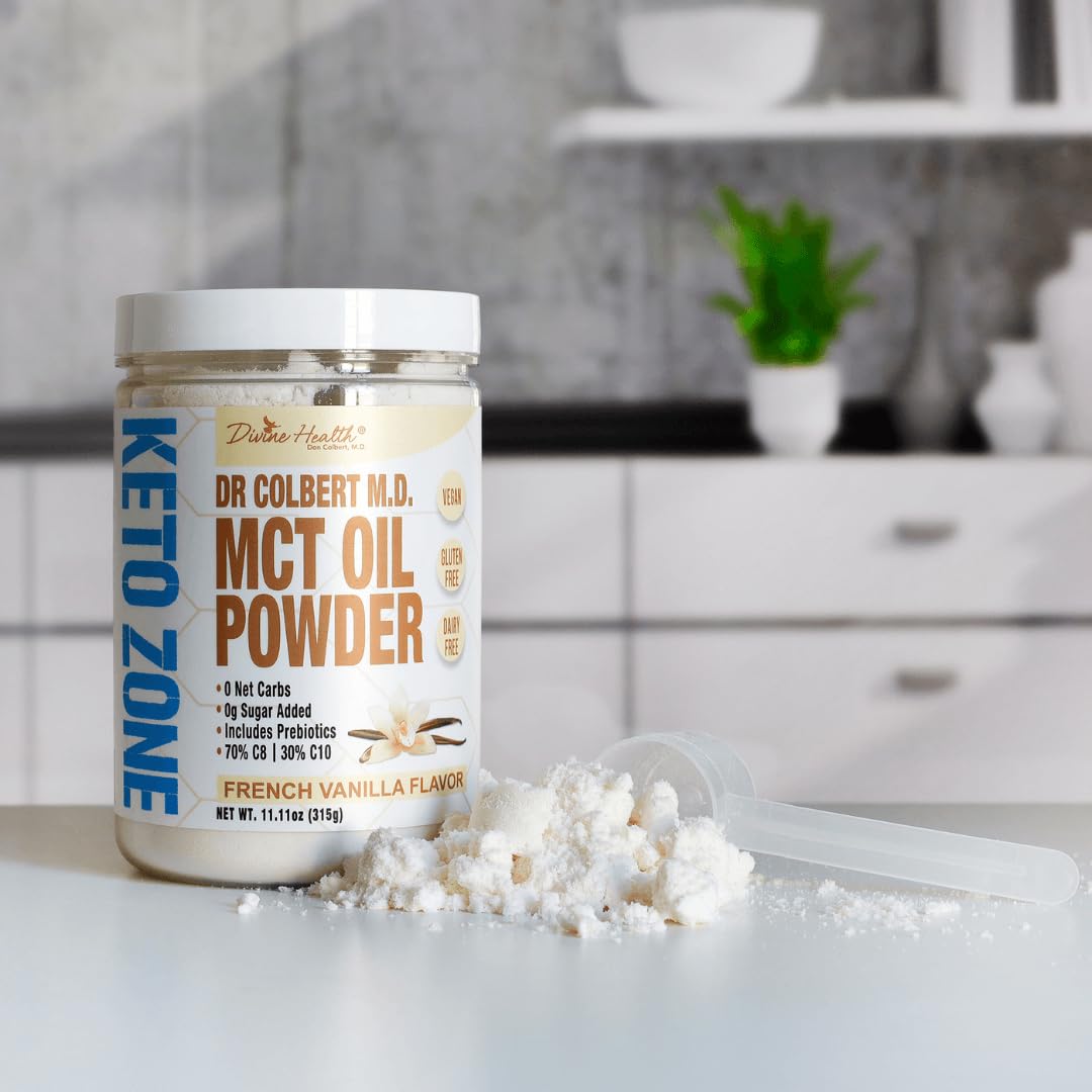 Dr. Colbert MD MCT Oil Powder | French Vanilla Flavor | by Divine Health | Recommended in The Keto Zone Diet book | 70% C8 | 30% C10 | 0 Net Carbs | Alternative to Coffee Creamer | 315g