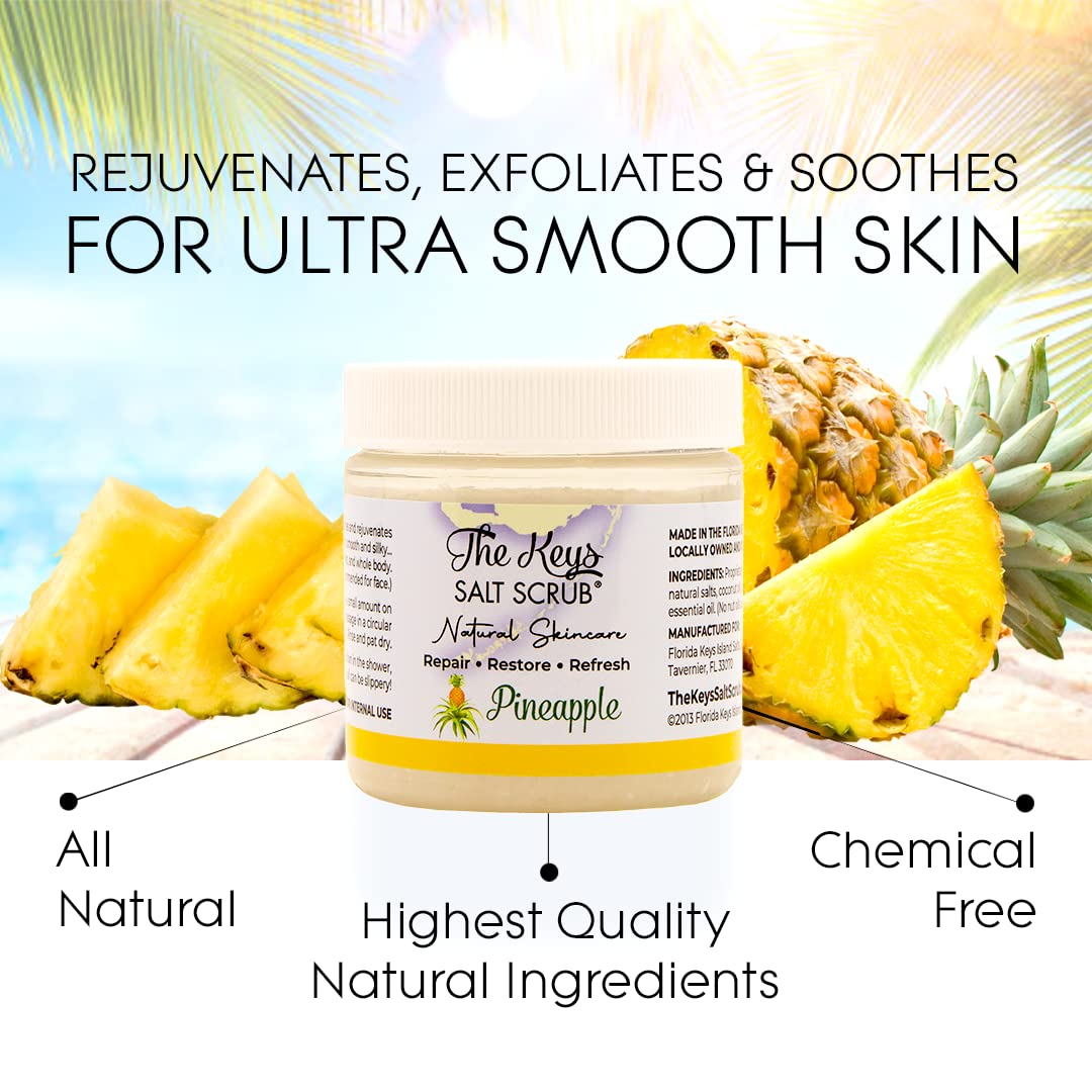 The Keys Salt Scrub -Sea Salt Scrub - Exfoliating Body Scrub with Wooden Spoon - Moisturizing Exfoliator for Hands, Foot, Bath, (3.4 Ounce (Pack of 1), Pineapple)