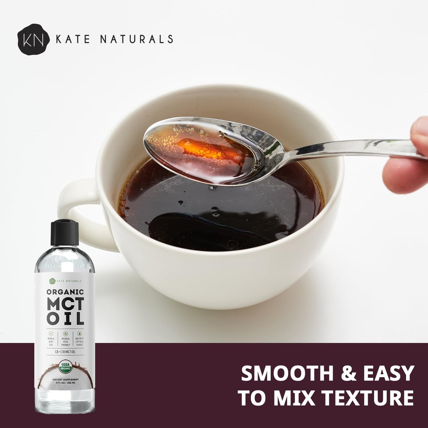 Kate Naturals MCT Oil for Coffee. Pure Coconut MCT C8 and C10 Oil (8oz, Organic, Unflavored)