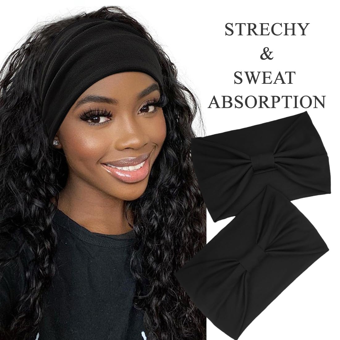 Wide Boho Headbands for Women Fashion Knotted Headband Yoga Workout Hair Accessories African Head Wrap Black 4 Pack