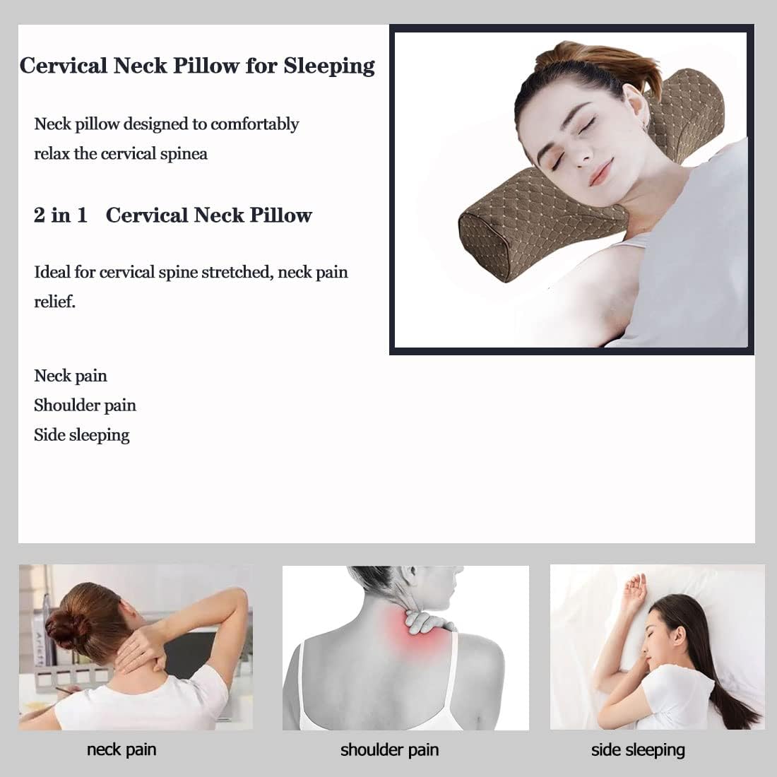 Cervical Neck Pillow for Pain Relief Sleeping, Neck roll Pillow Memory Foam for Stiff Neck Pain Relief ，Travel Bolster Pillow for Bed for Side Sleepers Back Sleeper. (Brown)