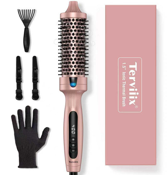 Terviiix Thermal Brush Get Voluminous Style, Quick Heating Hot Brush, Ceramic Tourmaline Ionic Heated Curling Iron, Digital Display 9 Temperatures Curling Wand, Dual Voltage, 1.5 Inch