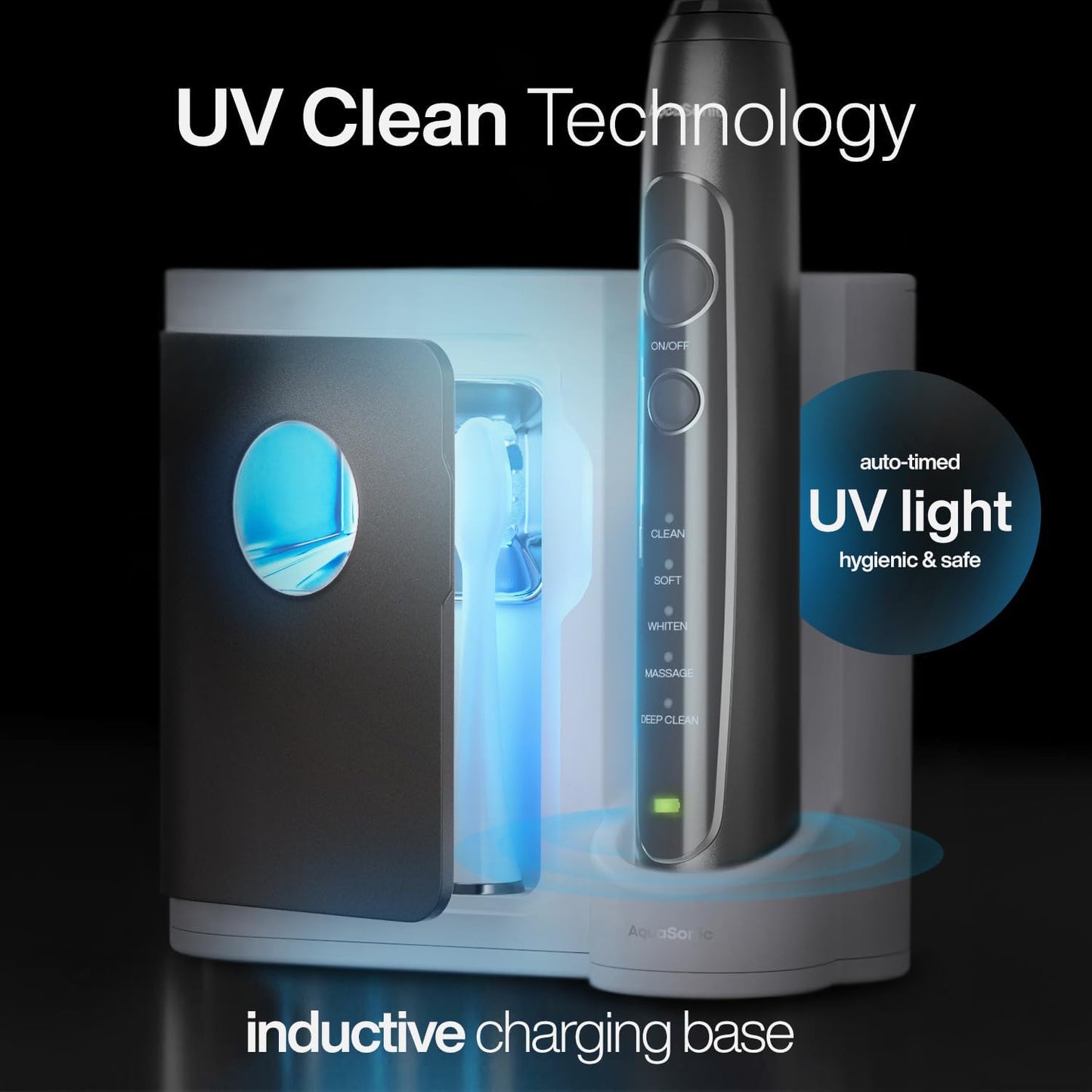 Aquasonic Vibe Series PRO – Ultra-Whitening Electric Toothbrush – 5 Modes & Smart Timers – UV Sanitizing Base – ADA Accepted (Charcoal Metallic)