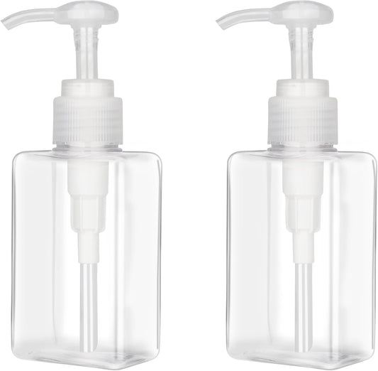 100ml (3.4oz) Pump Bottle Dispenser Jansburg 2 Pack Refillable Flat Square Plastic Lotion Dispenser Leakproof Empty Lotion Pump Bottle for Essential Oil Soap Lotion Shampoo Clear