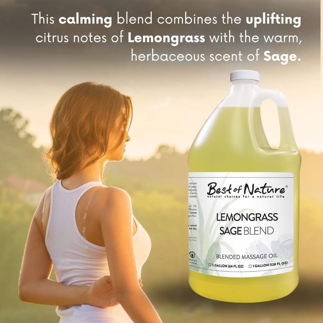Best of Nature Lemongrass and Sage Massage Oil Blend - Non-Greasy Aromatherapy Massage Oil for Body, Skin & Face, Crafted with Pure Essential Oils, Gallon (128 fl oz)