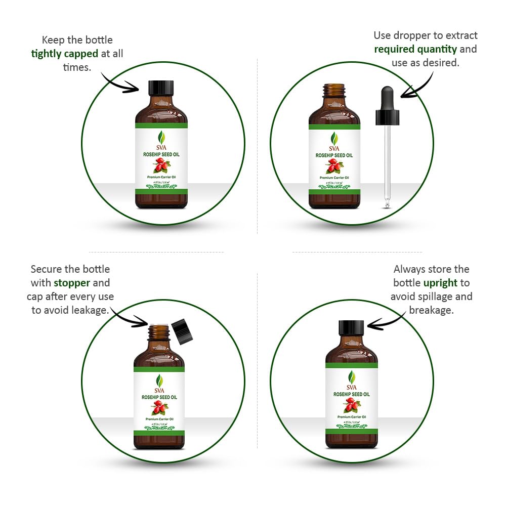 SVA Rosehip Seed Oil - 4 Fl Oz – 100% Natural & Cold Pressed - for Face, Skin Care, Hair Care, Scalp Massage & Body Massage – Carrier Oil with Dropper
