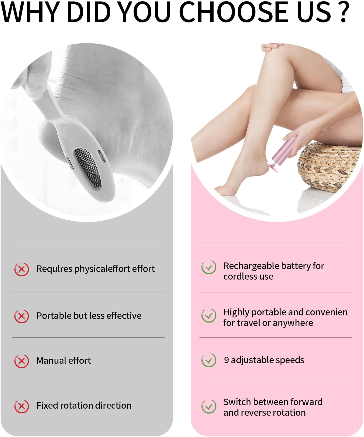 Professional Electric Foot File Tool -Callus Remover Rotating Grinder,1200mAh Rechargeable Battery, 1-Hour Continuous Use, Foot Drill & Sander,Adjustable Speed Foot Files for Deadskin(Pink)