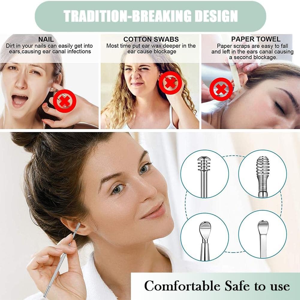 6 Pcs Ear Pick Earwax Removal Kit, Cleansing Tool Set, Curette Cleaner, 360degree Spiral Design Canal Cleaner Stainless Steel, with a Storage Box Portable Kit (Green), 11.7x2.8x2cm