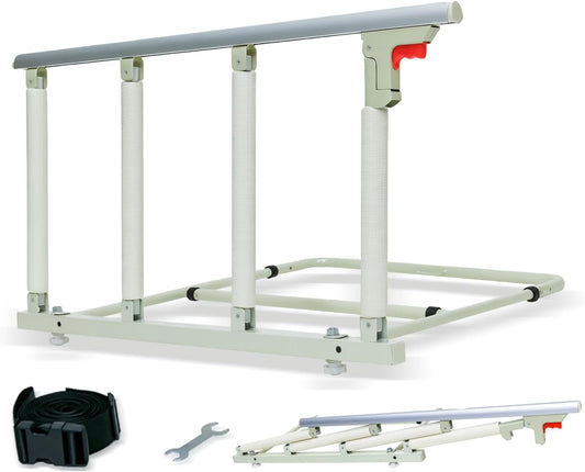 30″ Folding Bed Rail–Safety Bed Rails for Elderly Adults (Twin–King,Tool-Free) Supports300lbs|Non-SlipStrap&FoamBase|180°Fold-DownDesign|Height17–21″Adjustable|PaddedGrip&OrganizerPouch
