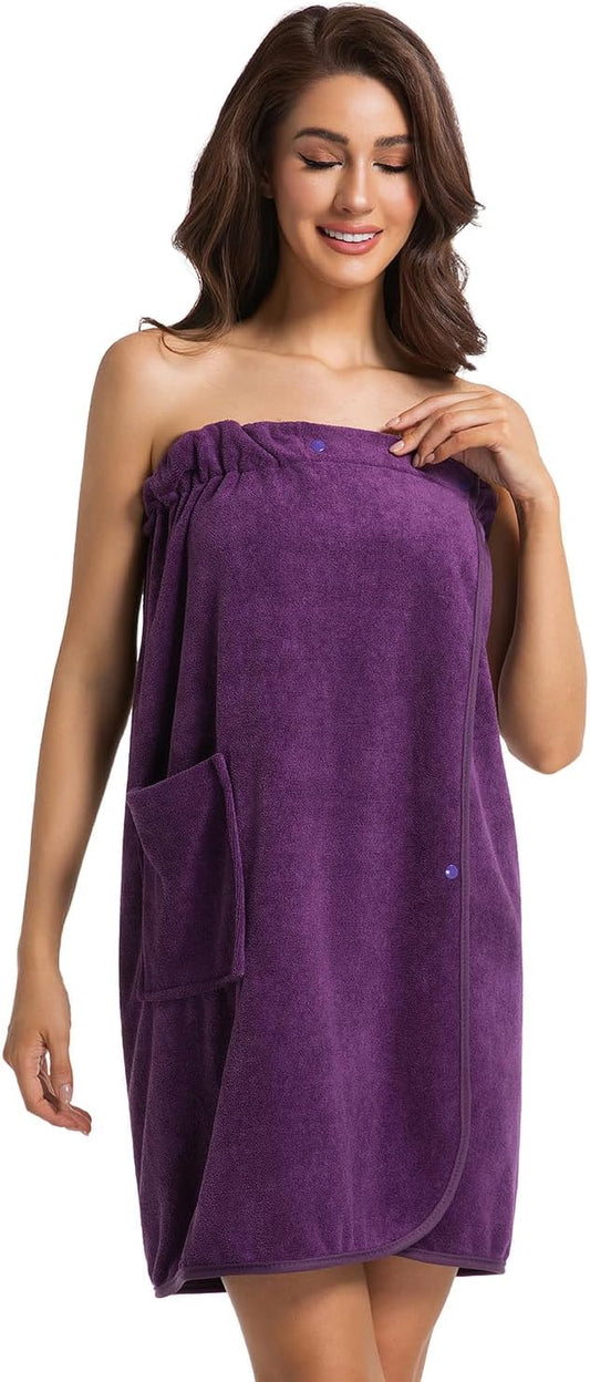 Womens Towel Wrap Bath Robe Lightweight Spa Body Wrap Shower Adjustable Snap Closure Bathrobe
