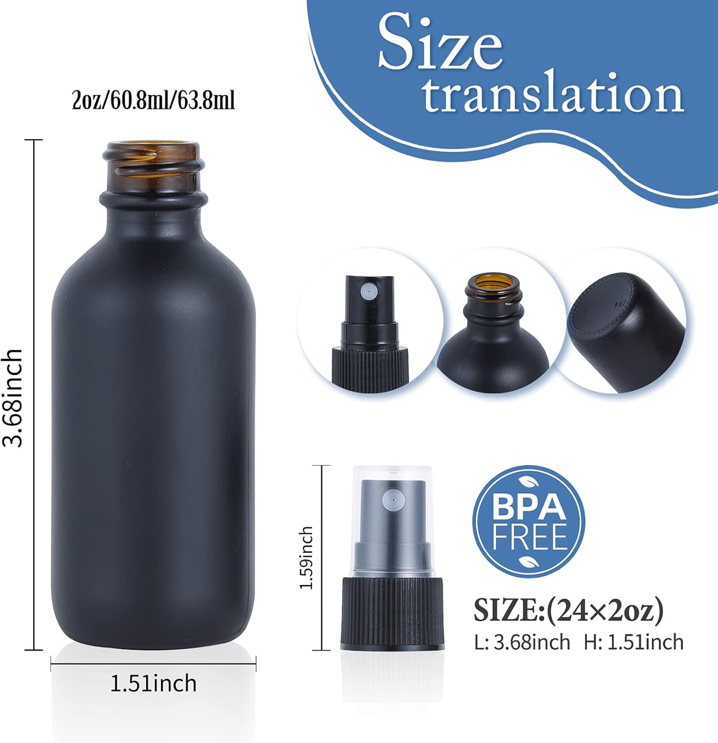 2oz Glass Spray Bottle, Fine Mist Boston Glass Bottles with Black Fine Mist Sprayer Small Clear Bottles for Essential Oils, Bath, Beauty, Hair & Cleaning, Black, Pack of 24