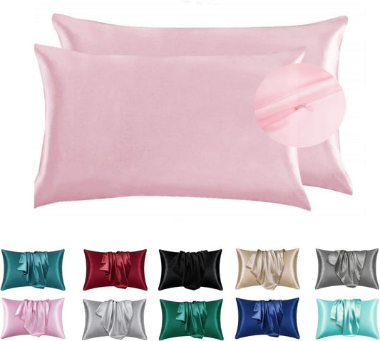 Juwenin Bedding,Luxury Satin Pillowcase with Zipper (Silky Satin Pillow Case for Hair) Set of 2 (Pink, Standard(20''x26''))