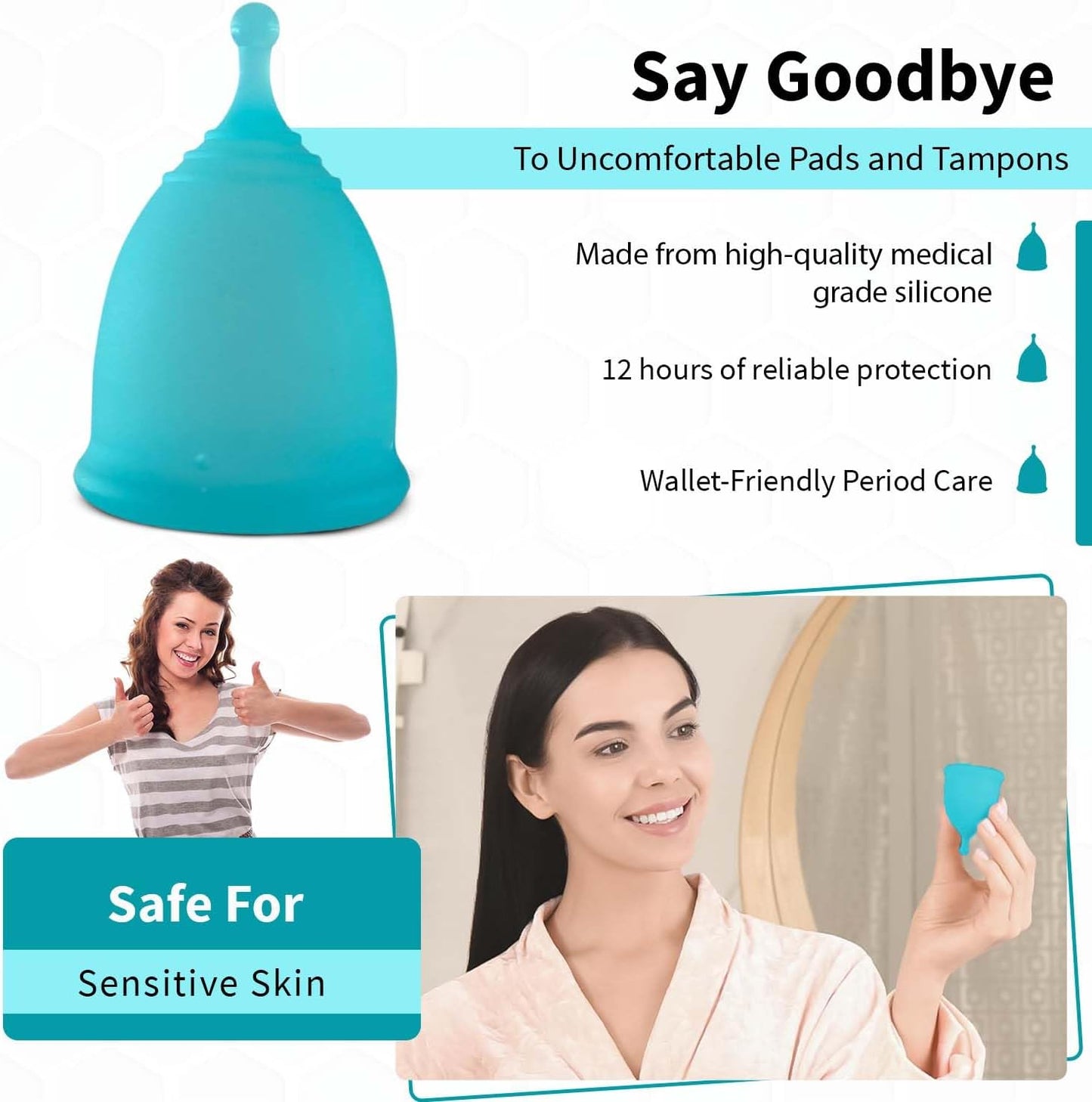 Angel's Peel Lounge Menstrual Cup for Women - 100% Medical-Grade Leak-Free Soft & Flexible Silicone Cup - 12 Hour Leak Protection Eco-Friendly & Reusable Period Cups for Women - Blue - Small