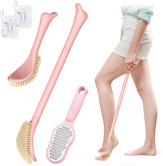 New Foot Brush & Foot File Set(2PCS), 3-in-1 Foot Scrubber in Shower, 10.2’’-27.5’’Adjustable Long Handle Foot Scrub Brush and Upgrade Foot File Callus Remover, Gift-Box Packed(Pink+Foot File)