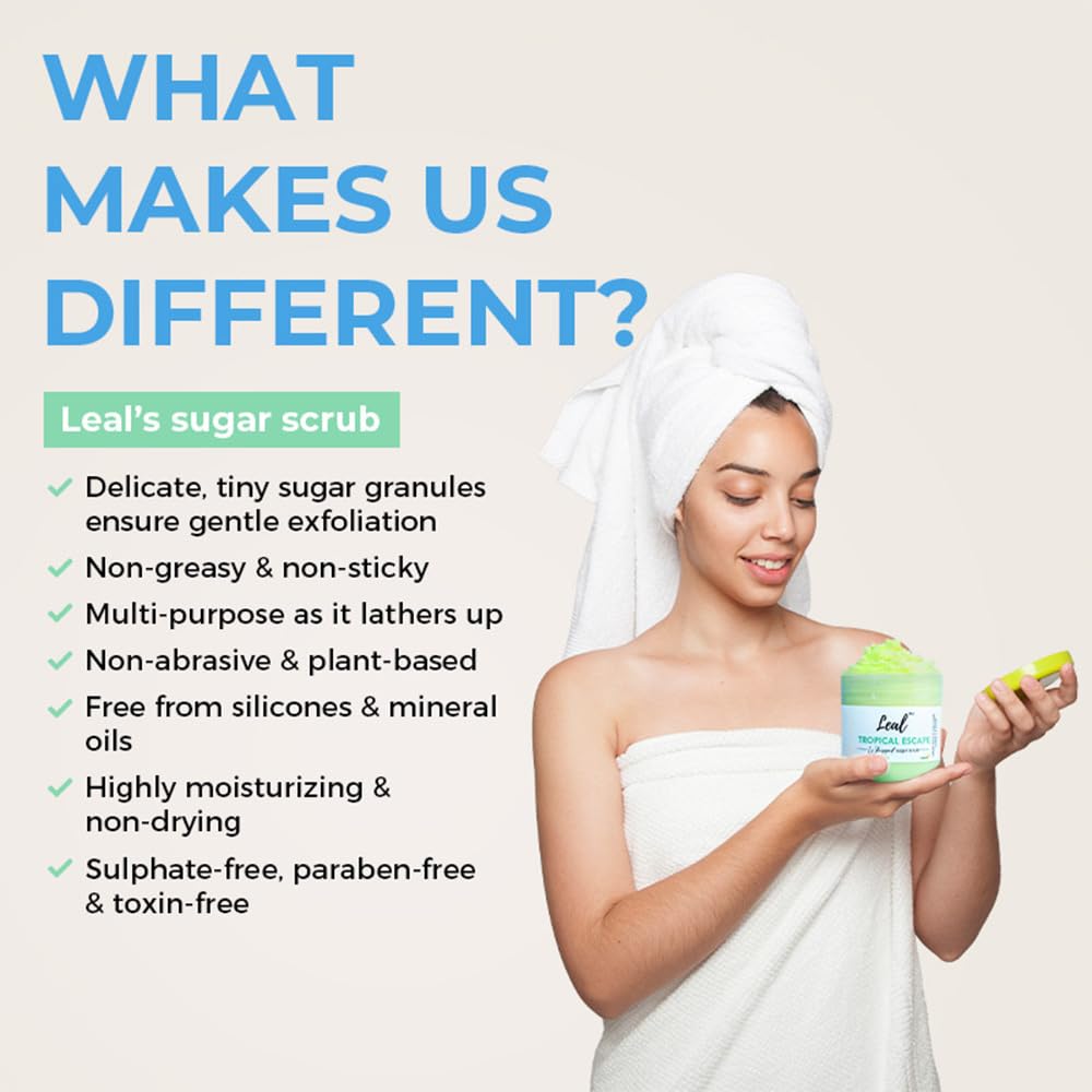 Leal Tropical Exfoliating Body Sugar Scrub, Green Tea Lemon Sugar Face Scrub, Face Polish, Tan Sugar Scrub, Whipped Foaming Vegan Scrub, Sulfate free, Whipped soap scrub dead skin-200 g