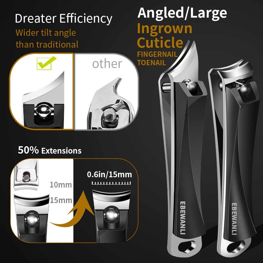 Nail Clippers Set, Slanted Angled Ingrown Nail Clipper and Curved Wide Jaw Toenail Clipper, Ultra Sharp Stainless Steel Fingernail & Toenail Clipper Cutters for Thick nails or Ingrown Toenail