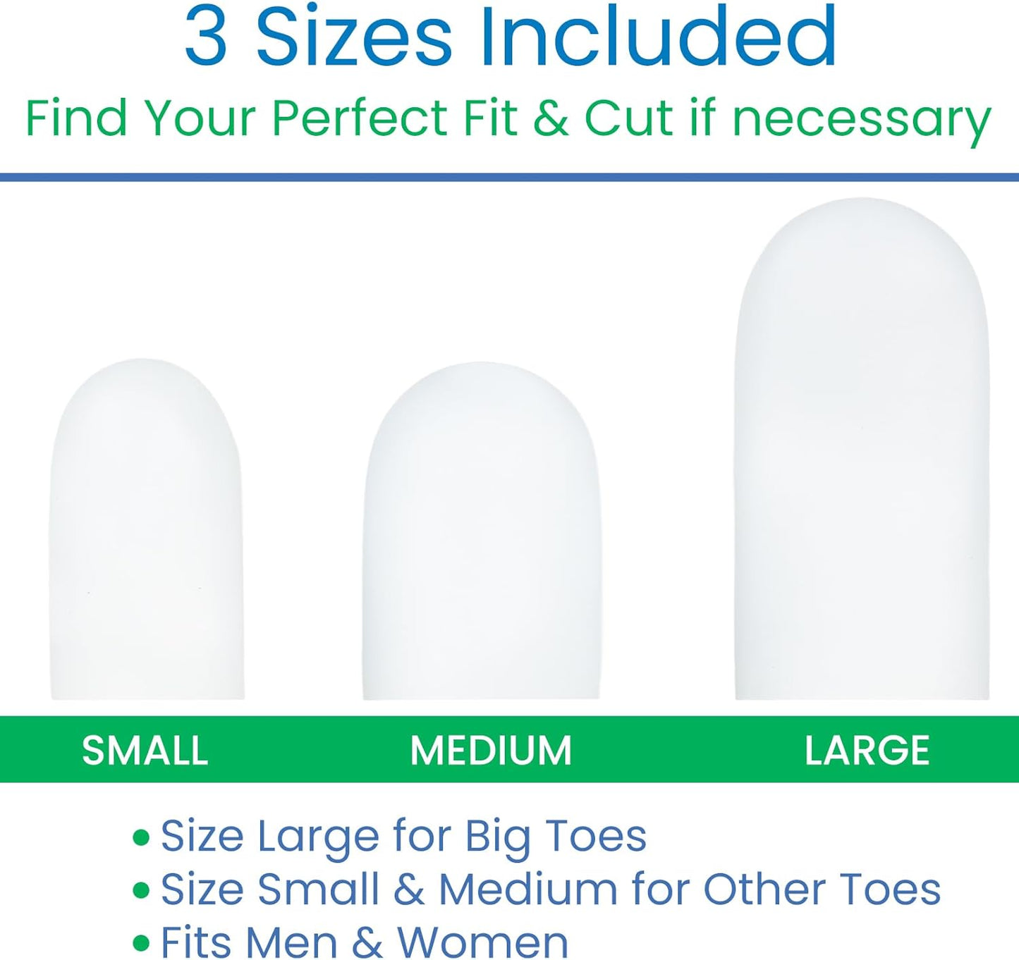 ViveSole Soft Gel Toe Protectors for Men & Women- Toe Caps for Foot Pain Relief - Flexible Cushion Sleeves for for Blisters, Ingrown Toenails, Hammer Toes, Corns, Calluses, Blisters (Variety Pack)