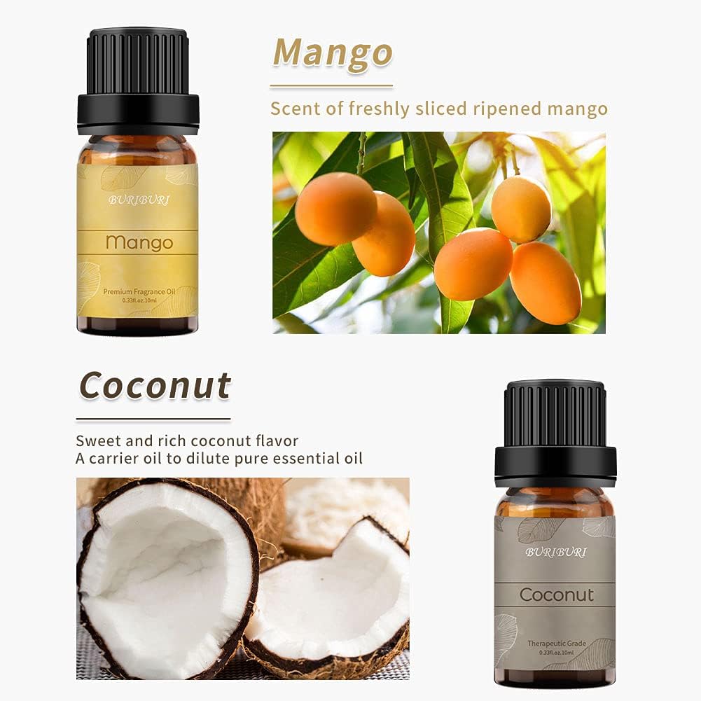 BURIBURI Fruit Essential Oils Gift Set 4Pack - Premium Fruity Fragrance - Strawberry, Cherry, Mango, Coconut for Diffusers, Home, Candle & Soap Making