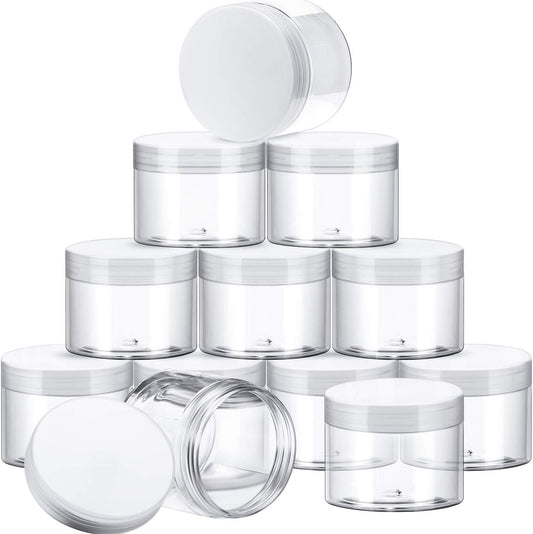 SATINIOR 12 Pack 6 oz Plastic Container Jars with Lids Round Clear Travel Cosmetic Container Slime Jars for Toiletries, Lotion, Cream, Ointments, Makeup, Rhinestone, Samples, Kitchen Storage(Clear)