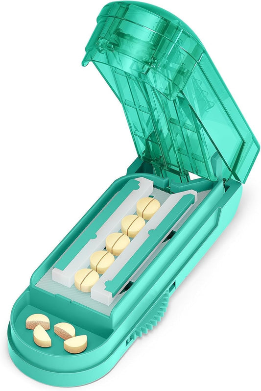 ONE PIX Pill Cutter Splitter for Small and Tiny Pills, Pill Cutter for Cutting Multiple Pills at a Time in Half with Hidden Sharp Stainless Steel Blade, Cyan