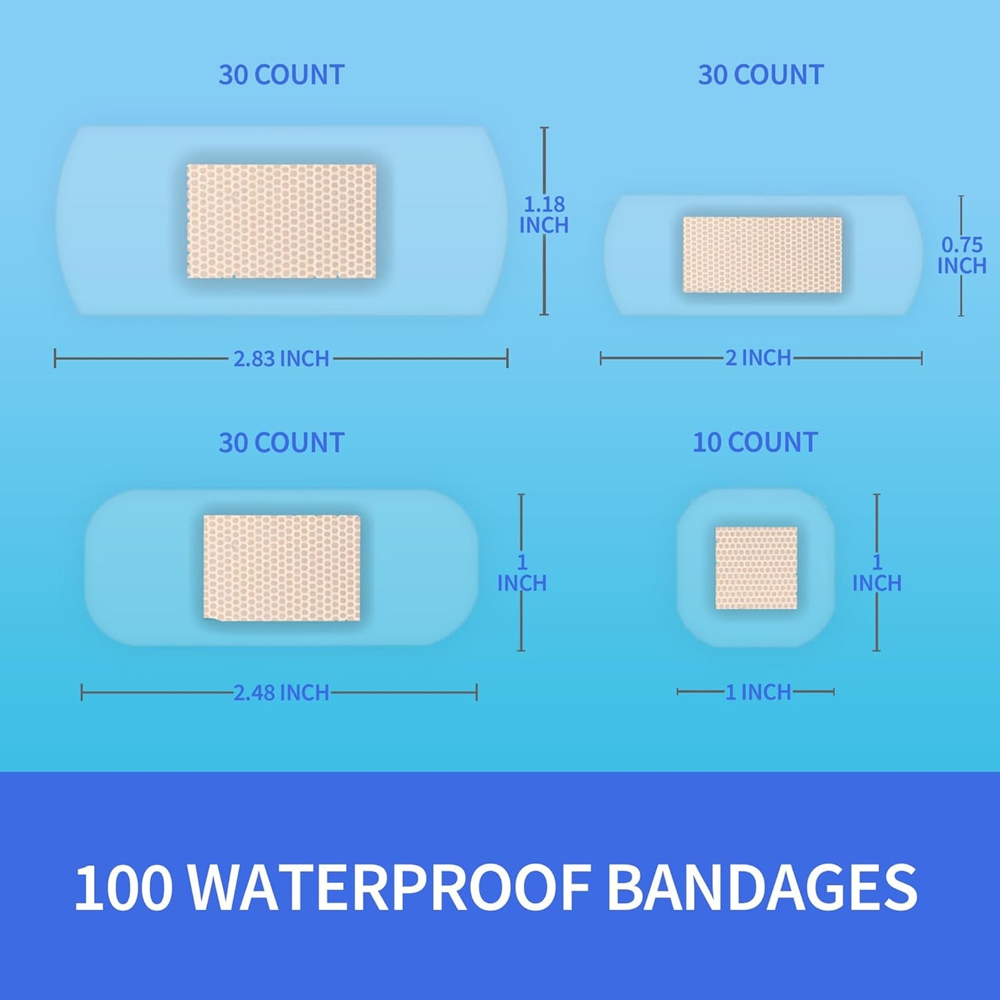 Waterproof Bandages, Clear Adhesive Bandages for First-Aid, Wound Care, Fingers, Knees and Heels, Stays on Skin in The Bath, Shower or Pool, Assorted Sizes, 100 Count