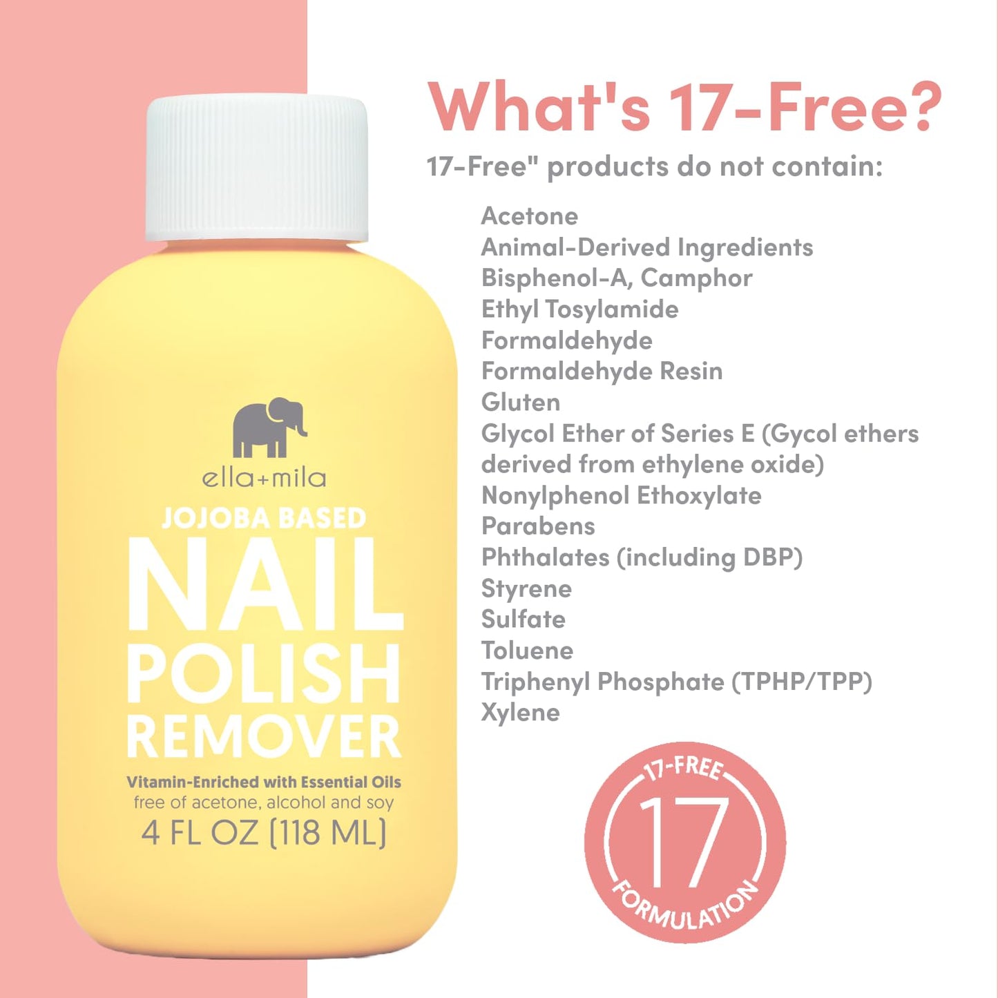 ella+mila Jojoba Nail Polish Remover Non-Acetone Nail Polish Remover - Non-Toxic Fingernail Polish Remover - Enriched With Jojoba oil & Vitamins (4 fl oz) Yellow