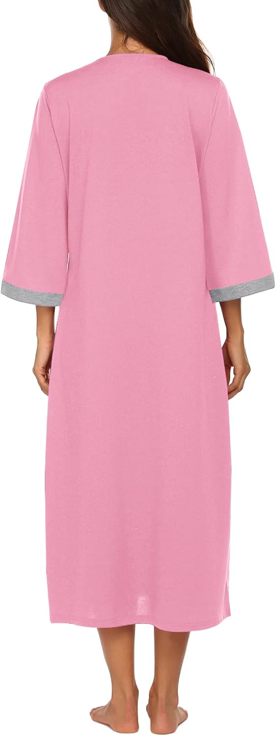 Ekouaer Women Zipper Robe 3/4 Sleeves Loungewear Dress Full Length Sleepwear Pockets Housecoat Nightgown Long Bathrobe
