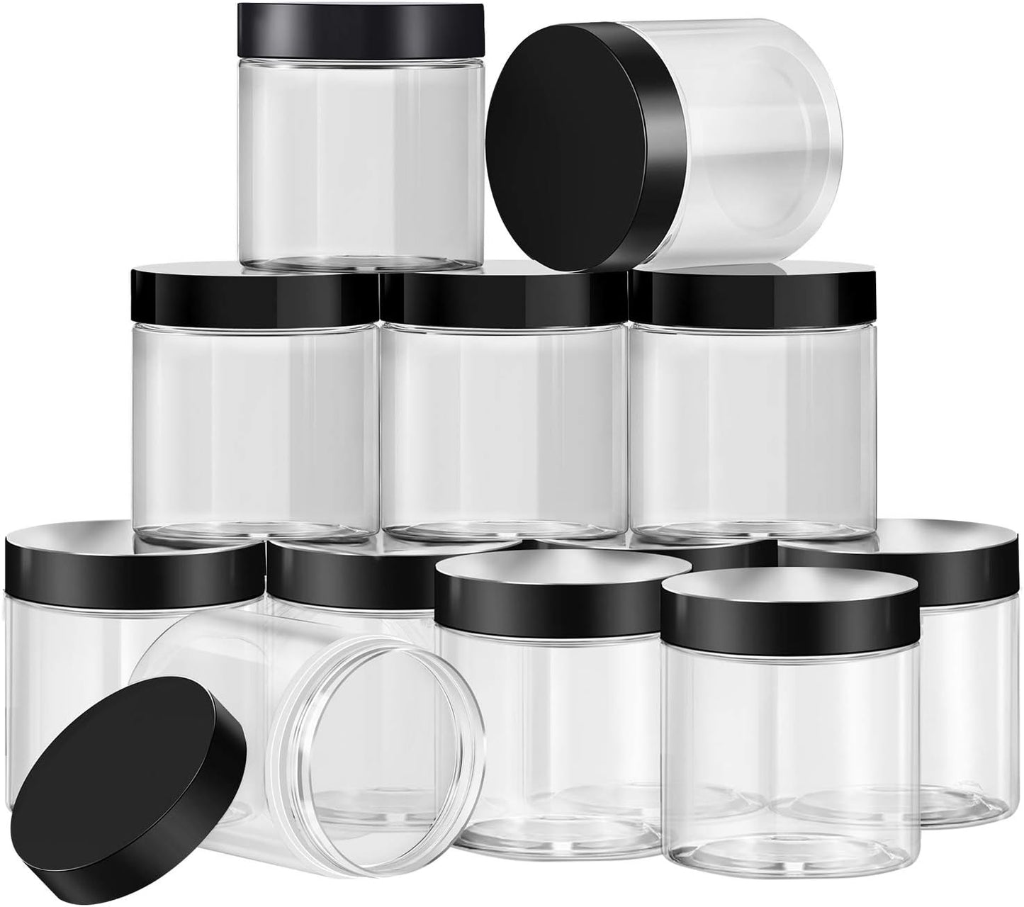 SATINIOR 12 Pack 10 oz Plastic Container Jars with Lids Round Clear Travel Cosmetic Container Slime Jars for Toiletries, Lotion, Cream, Ointments, Makeup, Rhinestone, Samples, Kitchen Storage(Black)