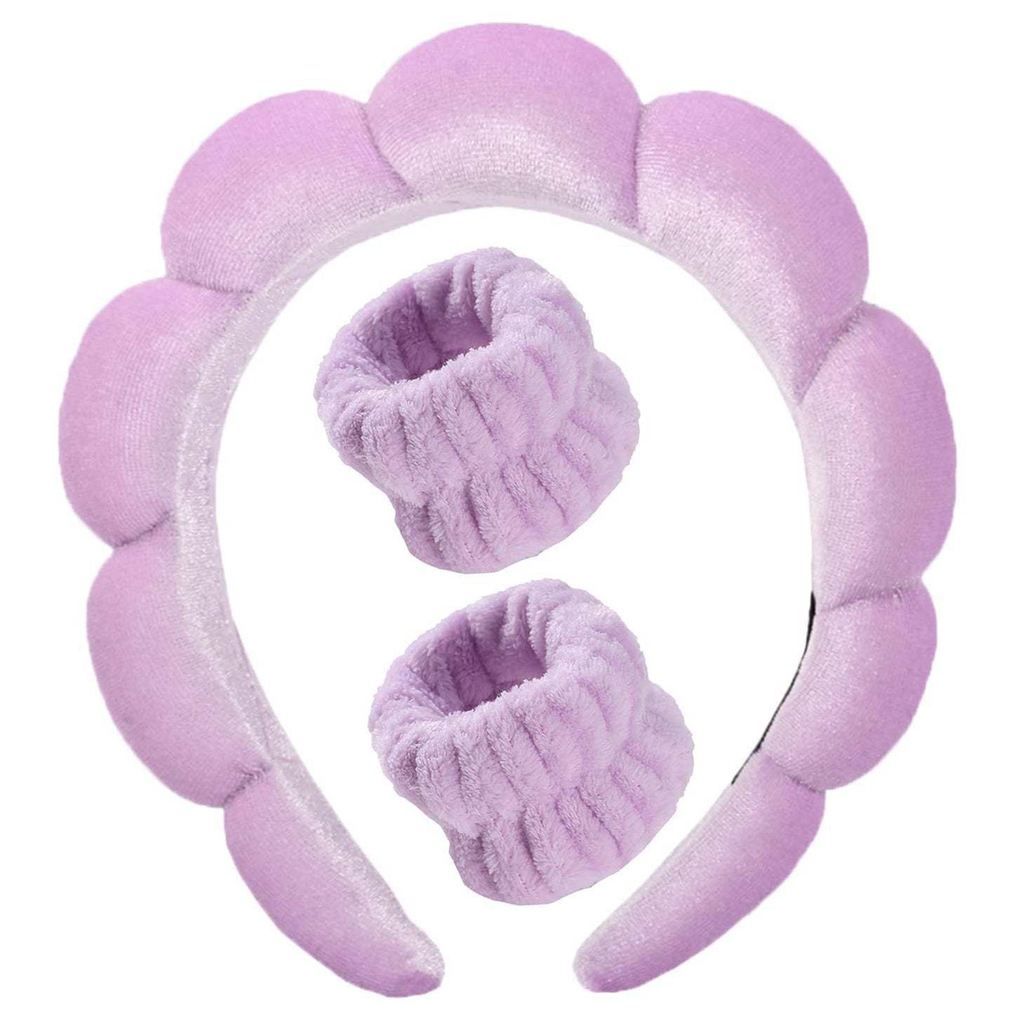 Luckybear Spa Headband for Washing Face, Velvet Makeup, Bubble Skincare With Face Wash Wristbands, Sponge Puffy for Women Skin Care - Purple