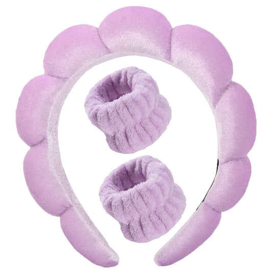 Luckybear Spa Headband for Washing Face, Velvet Makeup, Bubble Skincare With Face Wash Wristbands, Sponge Puffy for Women Skin Care - Purple