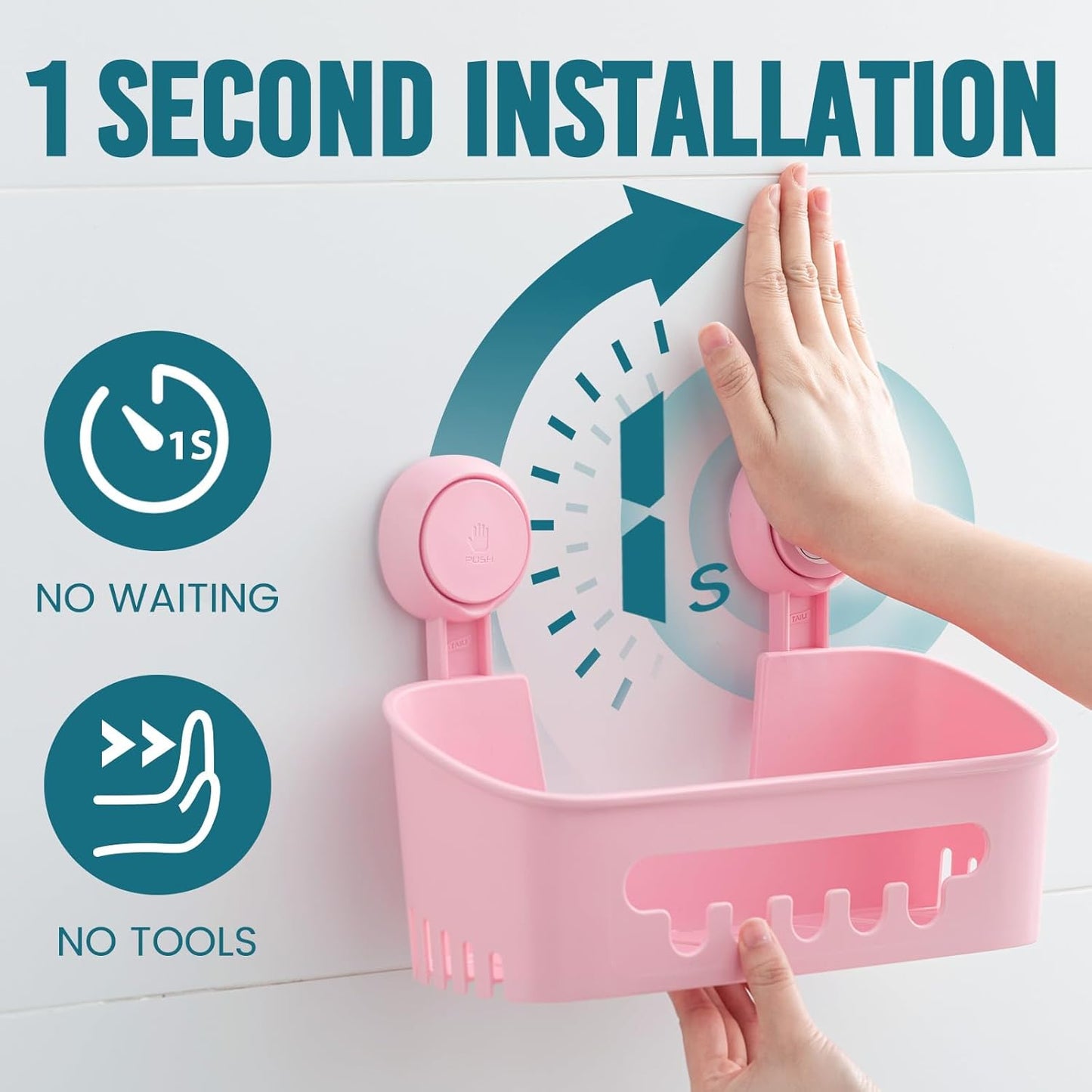 TAILI Shower Caddy Suction Cup, Heavy Duty Bathroom Organizer, Removable Shelves for Inside Shower, Shampoo, Waterproof Suction Plastic Storage for Bathroom Accessories Holder, Pink