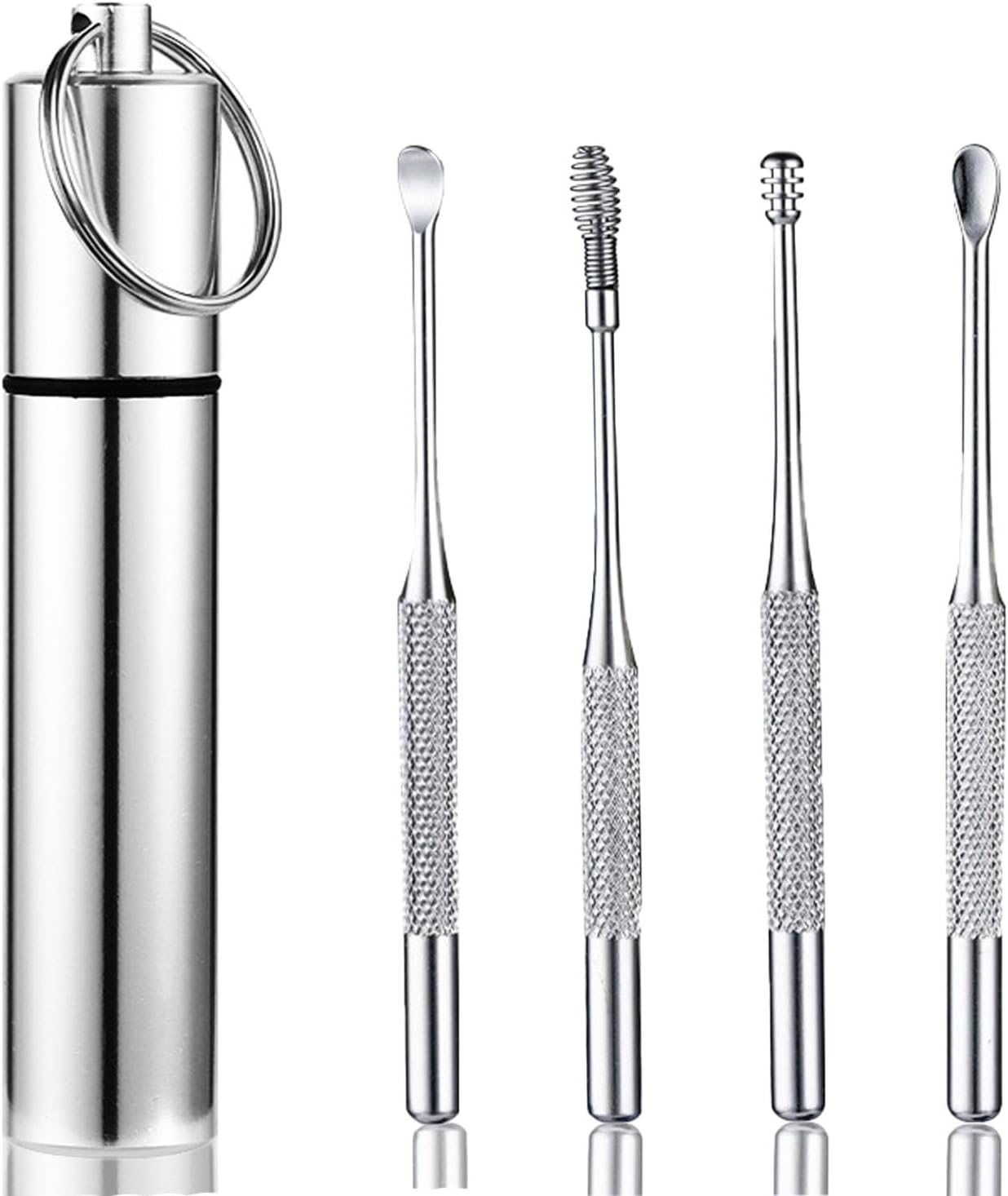 Ear Wax Removal kit, 4 Pcs Stainless Metal Earwax Removal Tool for Adults with Ear Spoon & Spiral Spring, Ear Cleaning Reusable