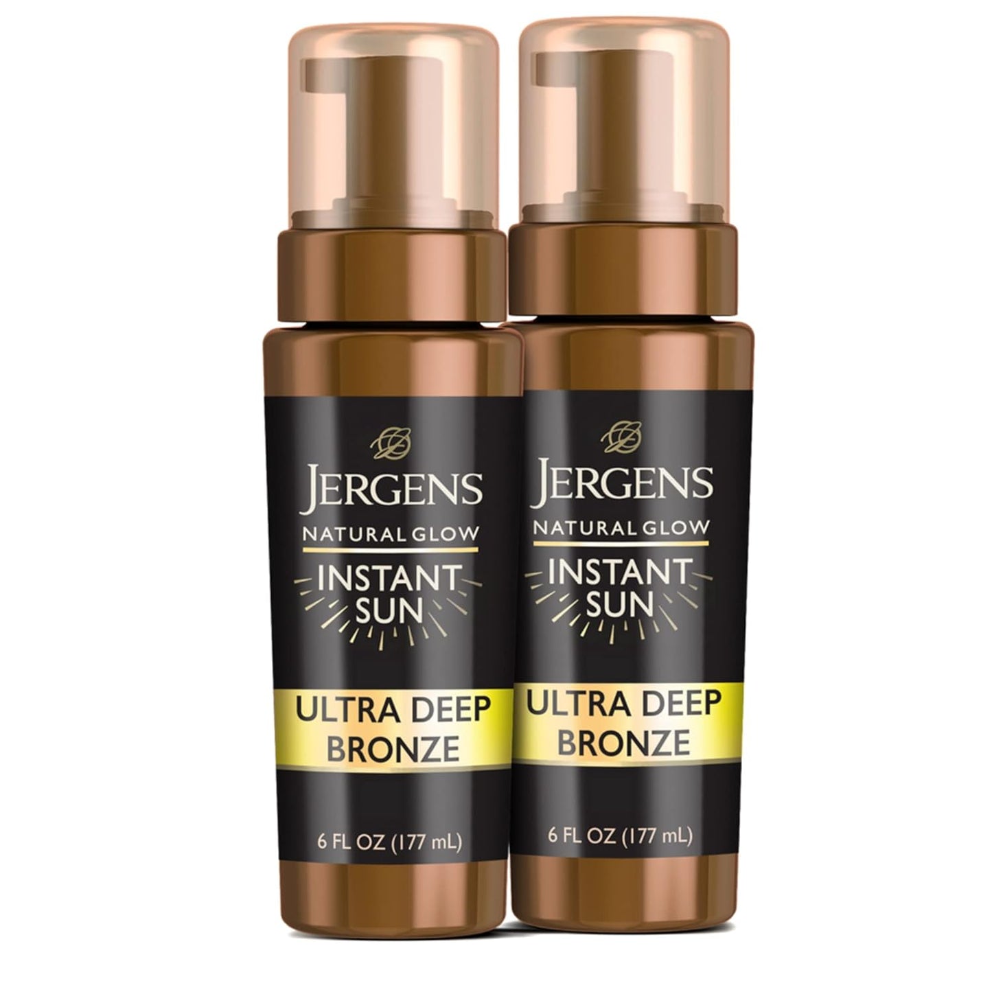 Jergens Natural Glow Instant Sun Body Mousse, Self Tanner for Ultra Deep Bronze Tan, Sunless Tanning Body Bronzer, Natural Looking Fake Tan, 6 Oz, Pack of 2