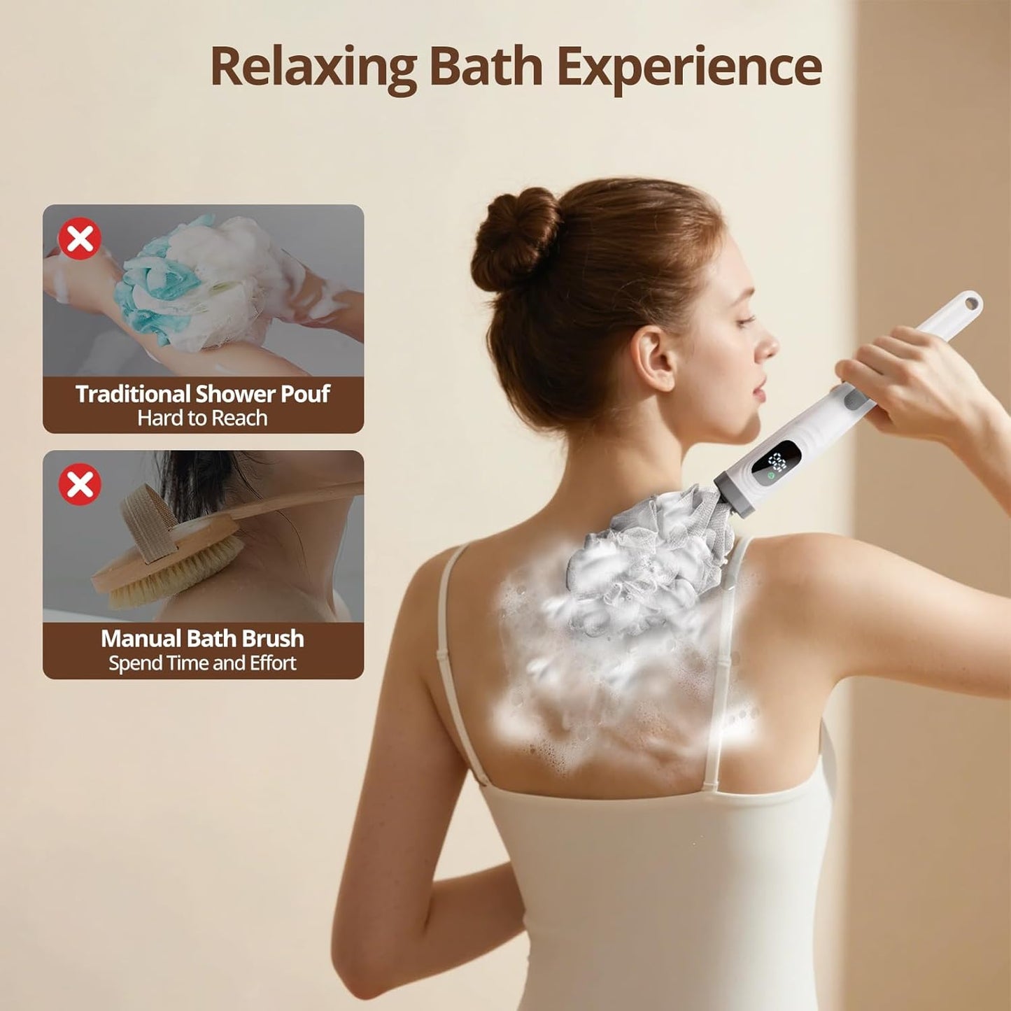 Electric Back Scrubber for Shower,African Net Sponge Long Handle Exfoliating Body Scrubber,IPX7 Waterproof Bath Brush with 3 Heads & 2 Speeds,for Cleansing, Exfoliating and Foot Callus Remover