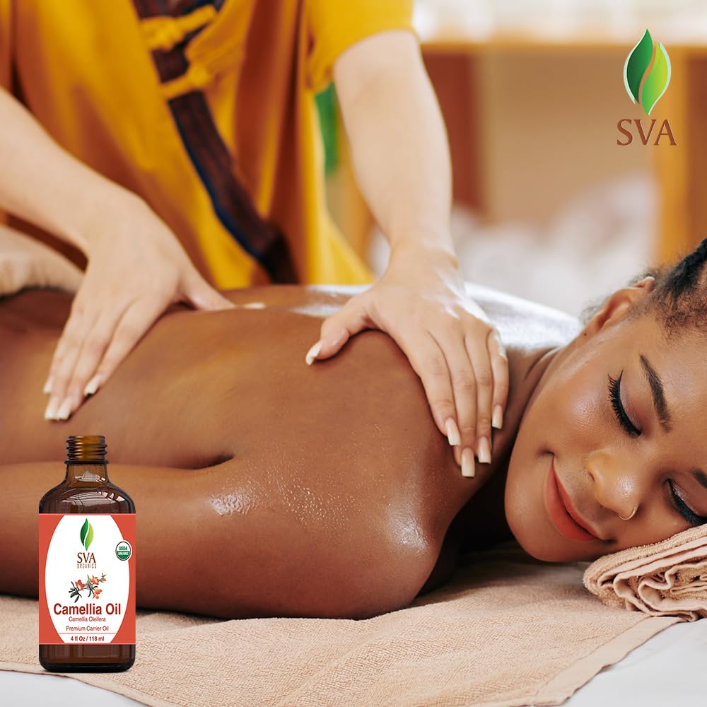 SVA Camellia Seed Oil Organic - 4 Fl Oz – 100% Natural Cold Pressed Organic Camellia Oil - for Face, Skin Care, Hair Care, Scalp Massage & Body Massage – Carrier Oil with Dropper