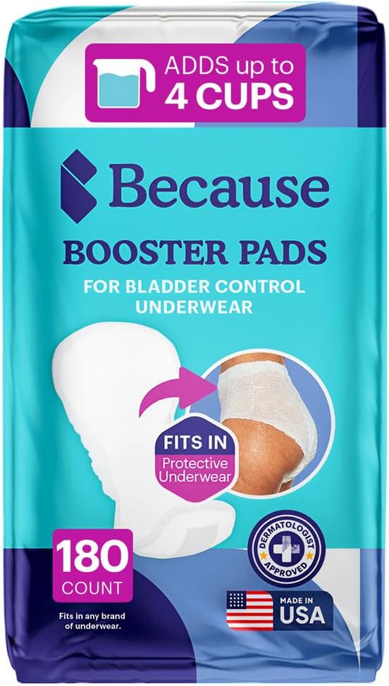 Because Overnight Incontinence Booster Pads for Men and Women, Adds 4 Cups Extra Absorbency to Adult Diapers, Super Soft, Adhesive Strip Backing, Unisex, 180 Count (9 Packs of 20) (Packaging May Vary)