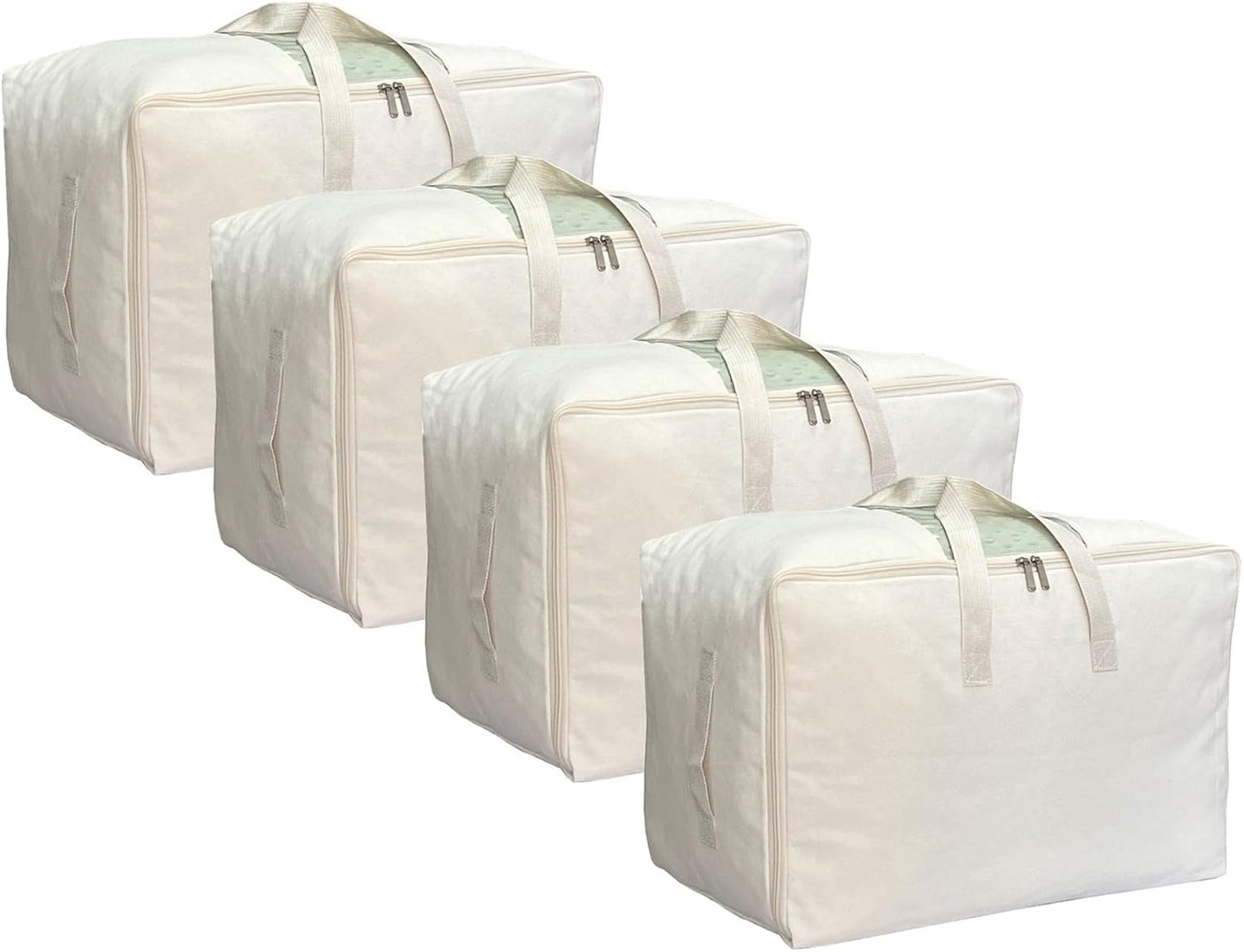 Soft Canvas Storage Bag with Zipper and Clear Window, Cotton Linen Organizer Storage for Pillow, Sweater, and Bedding, 55L, 4 Pack, Beige