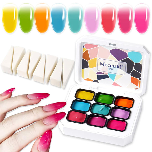 9 Colors Ombre Gel Nail Polish with 8Pcs Nail Sponges,Gradient Painting Gel for Nail Blush Blooming Aura Nails Drawing Nail Art Patting Gel Polish Soak Off UV Set Long Lasting