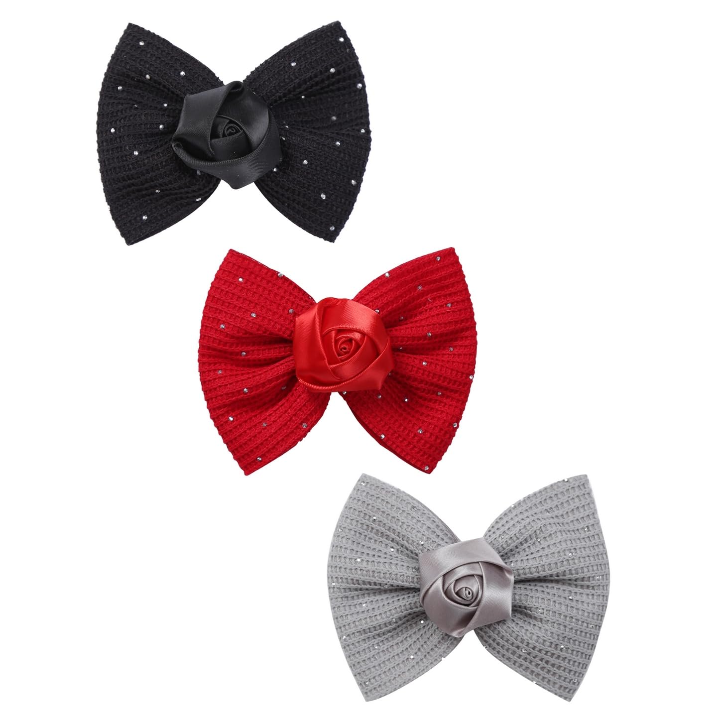 Elegant Hair Bow Set Sweet Styles with Crystal and Pearl Accents Fashion Hair Clips for Girls (Silver/Burgundy/Black)