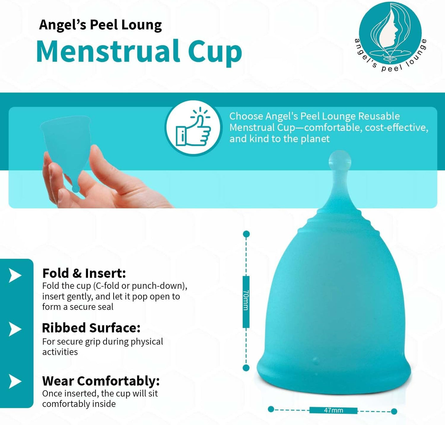 Angel's Peel Lounge Menstrual Cup for Women - 100% Medical-Grade Leak-Free Soft & Flexible Silicone Cup - 12 Hour Leak Protection Eco-Friendly & Reusable Period Cups for Women - Blue - Large
