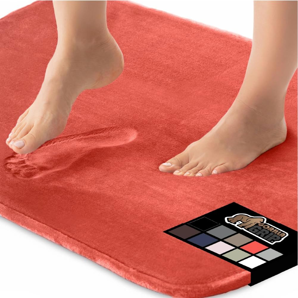 GORILLA GRIP Memory Foam Bath Mat, Soft Absorbent Velvet Bathroom Mats, Durable Dots on Underside, Machine Washable Bathmat, Carpet Rug Room Decor for Shower Tub Floor RV, 30x20 Rugs, Coral
