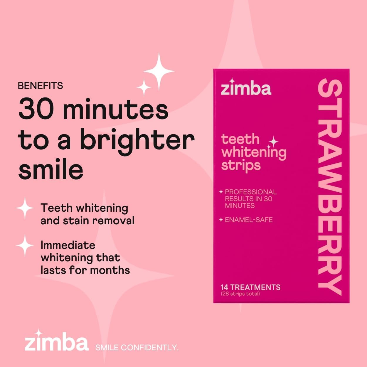 Zimba Teeth Whitening Strips for Teeth Sensitive, White Strips for Teeth Whitening, Teeth Whitener Stain Remover 28 White Strips Included Per Pack, 2 Pack (14 Day Treatment), Strawberry and Mint